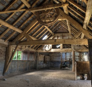 Stone and timber-frame oast house interior, Leominster, Herefordshire, England.